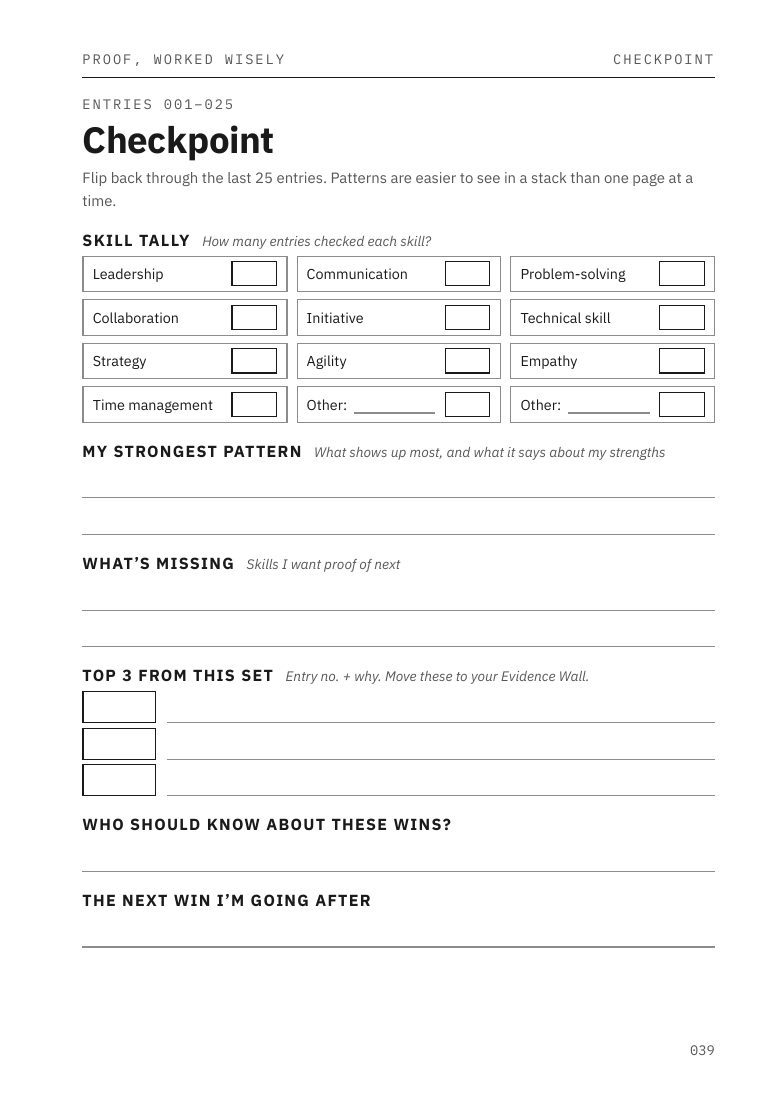 Checkpoint page with skill tally