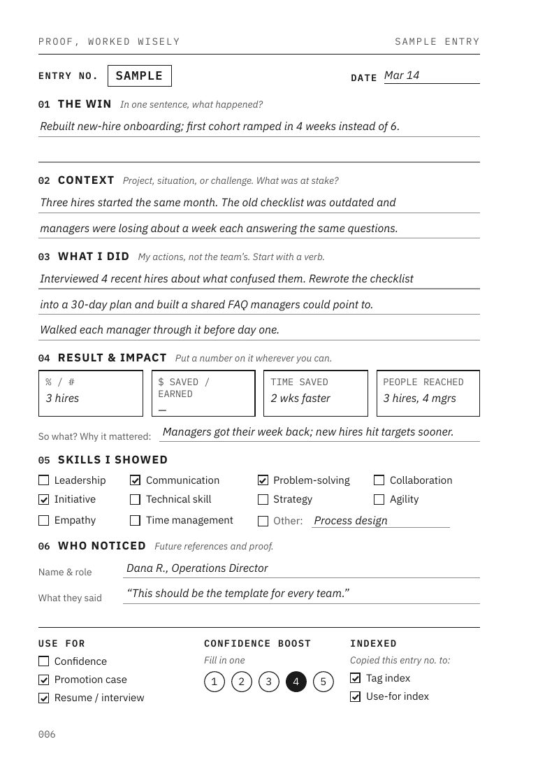 A filled-in sample entry page